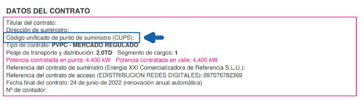 Dónde encontrar el CUPS en la factura de Energía XXI