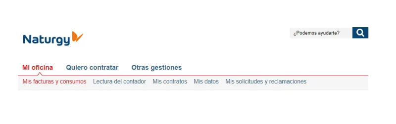 Menú de ayuda en el área de clientes de Naturgy