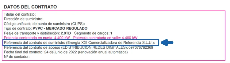Referencia de contrato energia XXI